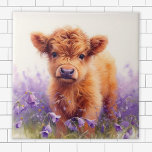 Scottish Highland Cow Calf Purple Wildflowers Tile<br><div class="desc">A decorative tile featuring a watercolor painting of an adorable brown Scottish Highland calf in a field of purple wildflowers.  A piece of cute Scottish Highland Cow decor that is perfect for a baby's room decorated in a barnyard style.</div>
