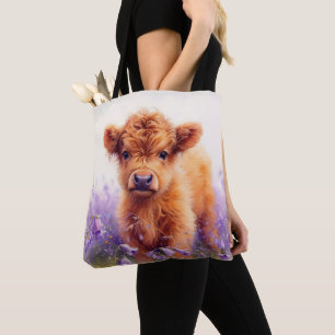 Scottish Highland Cow Calf Purple Wildflowers Tote Bag