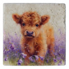 Scottish Highland Cow Calf Purple Wildflowers
