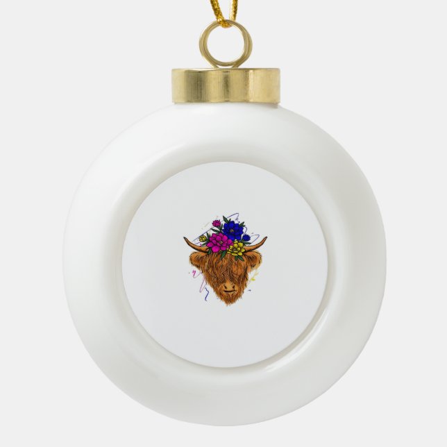 Scottish Highland Cow Cattle Cow Whisperer Farming Ceramic Ball Christmas Ornament (Front)