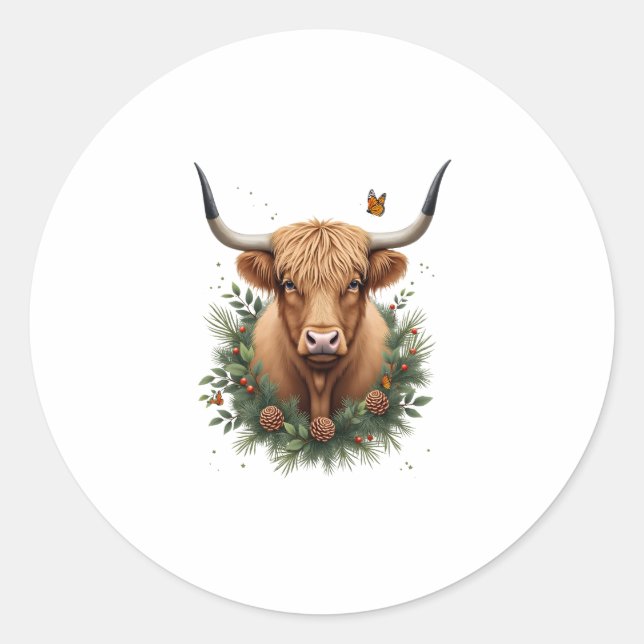 Scottish Highland Cow Cattle Hairy Cow Christmas W Classic Round Sticker (Front)