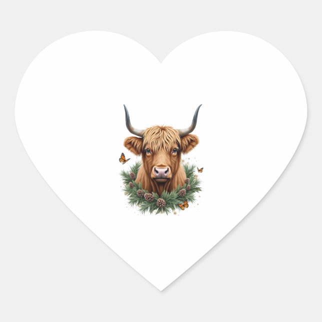 Scottish Highland Cow Cattle Hairy Cow Christmas W Heart Sticker (Front)
