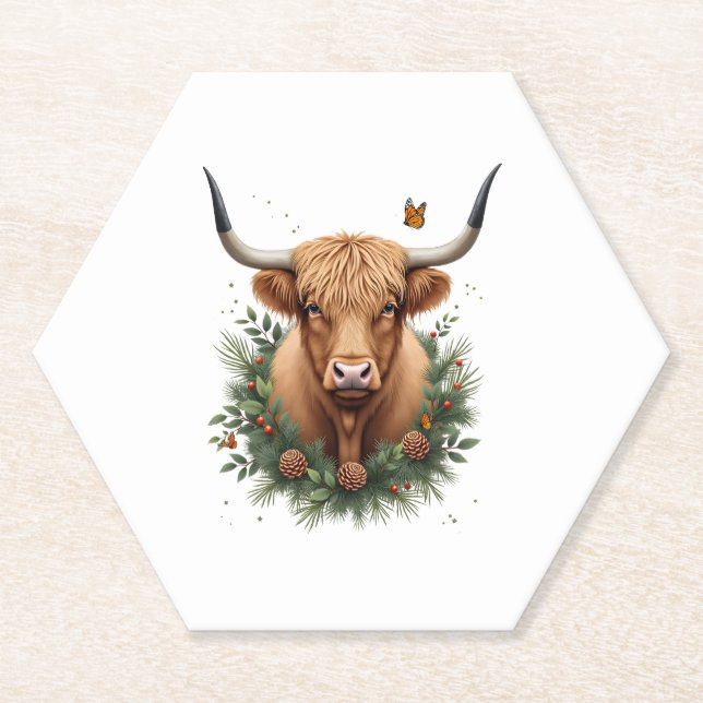 Scottish Highland Cow Cattle Hairy Cow Christmas W Paper Coaster (Front)