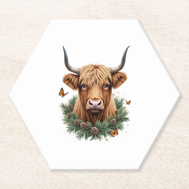Scottish Highland Cow Cattle Hairy Cow Christmas W Paper Coaster (Front)