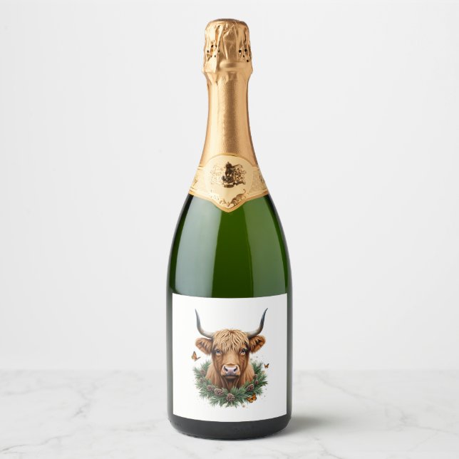 Scottish Highland Cow Cattle Hairy Cow Christmas W Sparkling Wine Label (Front)