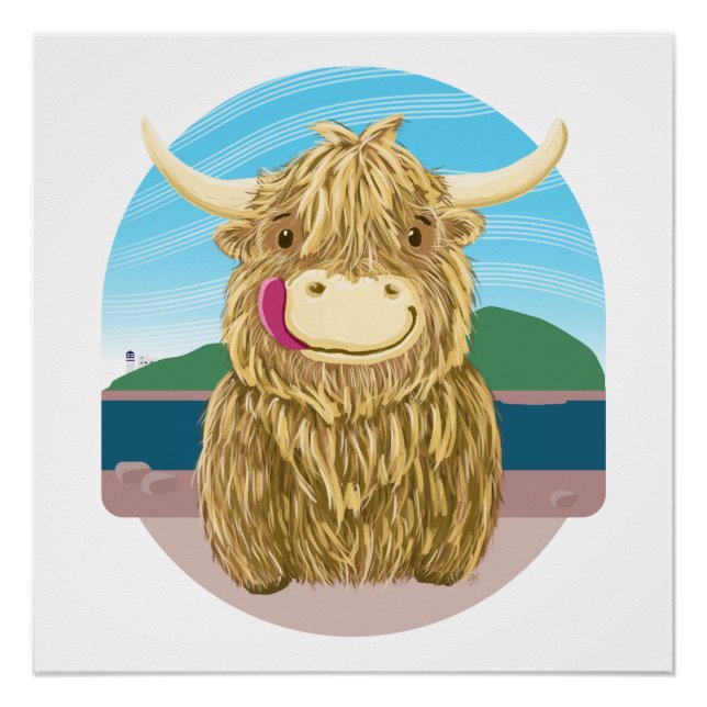 Scottish Highland Cow, Chilling On The Beach Poster (Front)