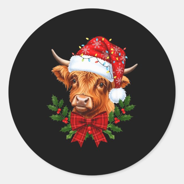 Scottish Highland Cow Christmas Funny Cow Lover Xm Classic Round Sticker (Front)