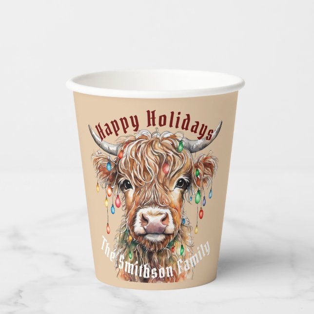 Scottish Highland Cow Christmas Lights Paper Cups (Front)