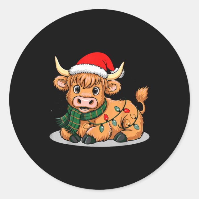 Scottish Highland Cow Christmas Lights Xmas Party  Classic Round Sticker (Front)
