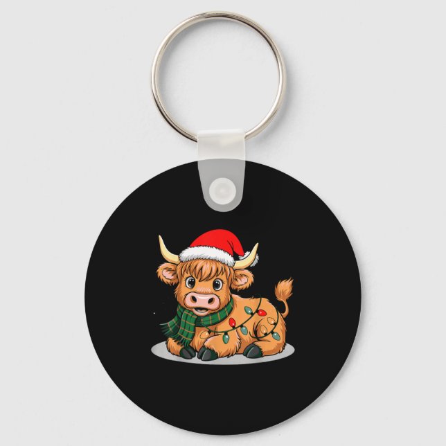Scottish Highland Cow Christmas Lights Xmas Party  Key Ring (Front)