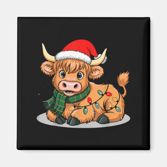 Scottish Highland Cow Christmas Lights Xmas Party  Magnet (Front)
