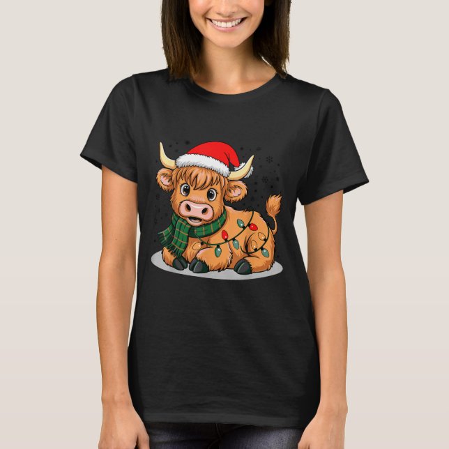 Scottish Highland Cow Christmas Lights Xmas Party  T-Shirt (Front)