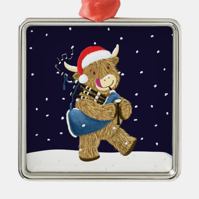 Scottish Highland Cow Christmas Piper Metal Tree Decoration (Front)