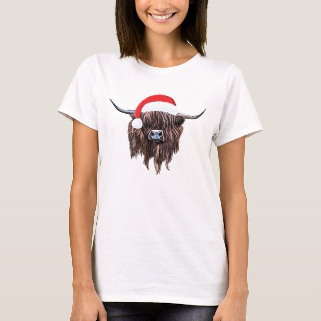 Scottish Highland Cow Christmas Santa Hat T-Shirt (Front)