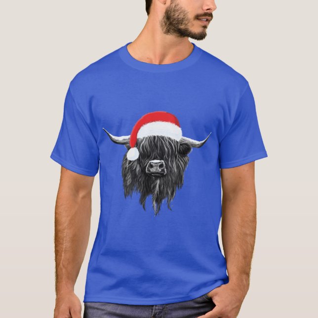 Scottish Highland Cow Christmas Santa Hat T-Shirt (Front)