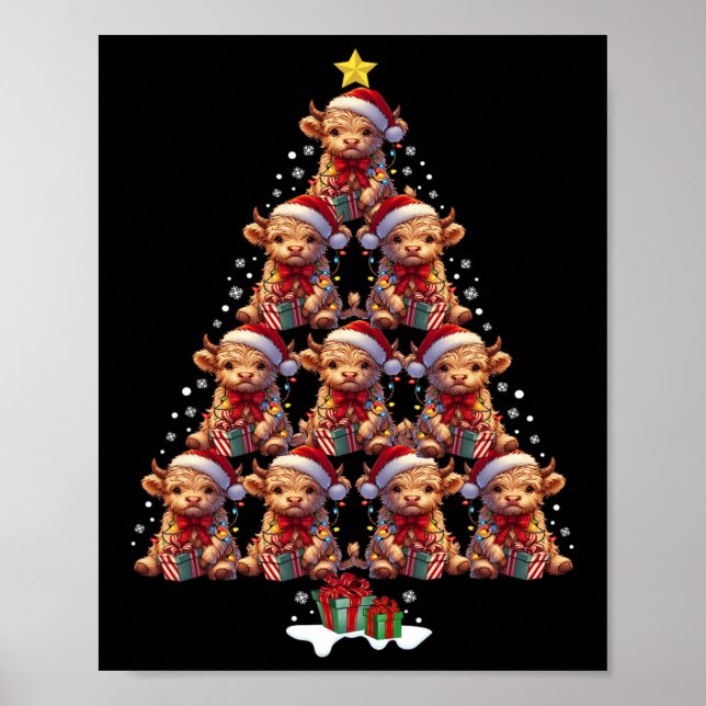 Scottish Highland Cow Christmas Tree Lights Xmas C Poster (Front)