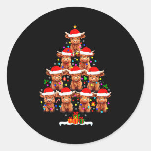 Scottish Highland Cow Christmas Tree Lights Xmas P Classic Round Sticker