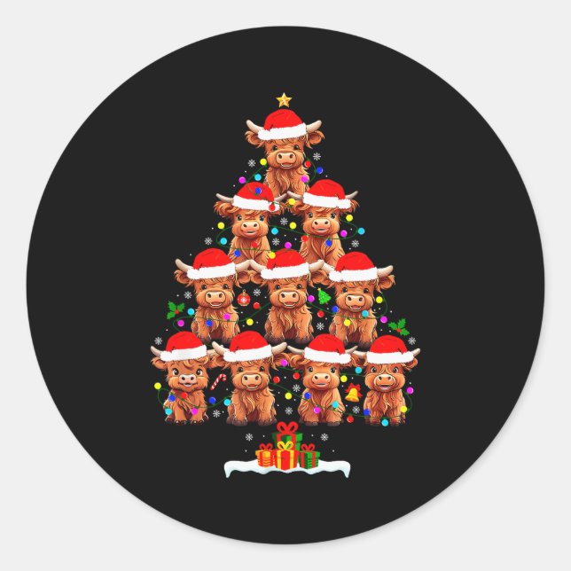 Scottish Highland Cow Christmas Tree Lights Xmas P Classic Round Sticker (Front)