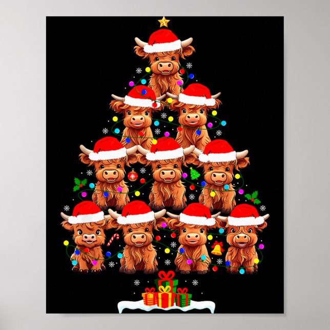 Scottish Highland Cow Christmas Tree Lights Xmas P Poster (Front)