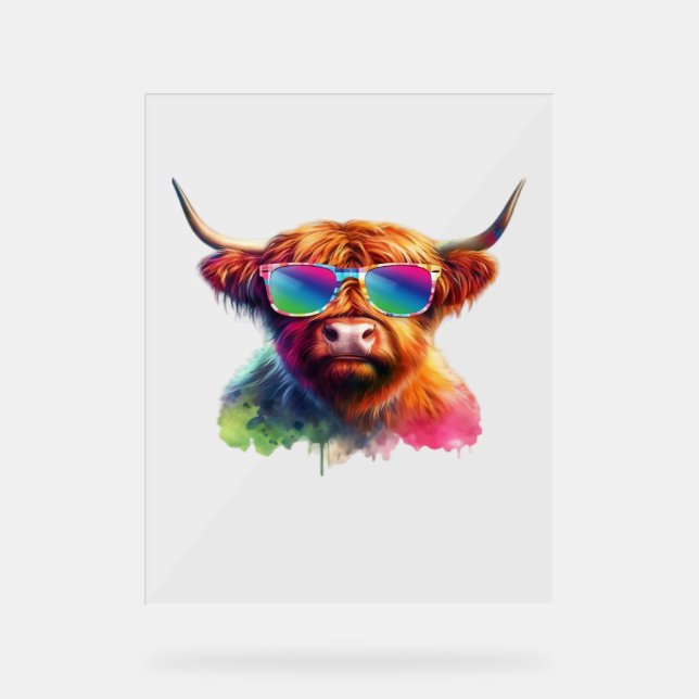 Scottish Highland Cow, Cowboy Boots & Flowers Clas Acrylic Sign (Front)