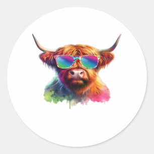 Scottish Highland Cow, Cowboy Boots & Flowers Clas Classic Round Sticker