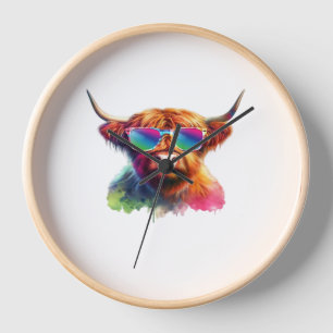 Scottish Highland Cow, Cowboy Boots & Flowers Clas Clock