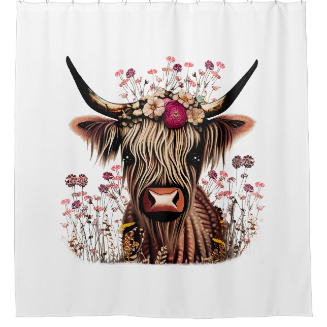 Scottish Highland Cow Floral Shower Curtain Cows (Front)