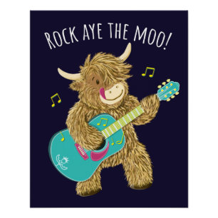 Scottish Highland Cow Guitarist Rock Aye The Moo! Poster
