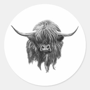 Scottish Highland Cow In Black And White Classic Round Sticker