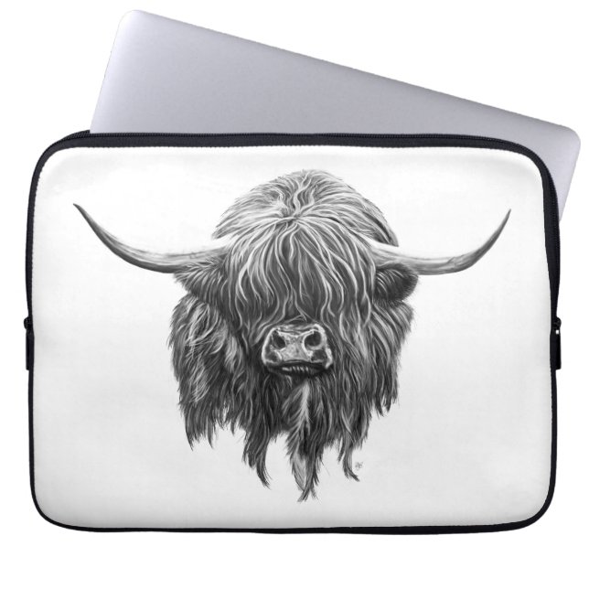 Scottish Highland Cow In Black And White Laptop Sleeve (Front)