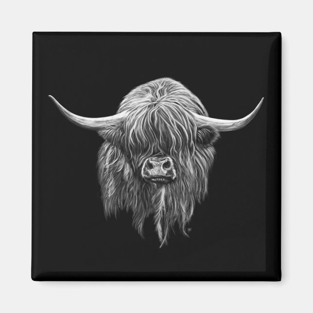 Scottish Highland Cow In Black And White Magnet (Front)