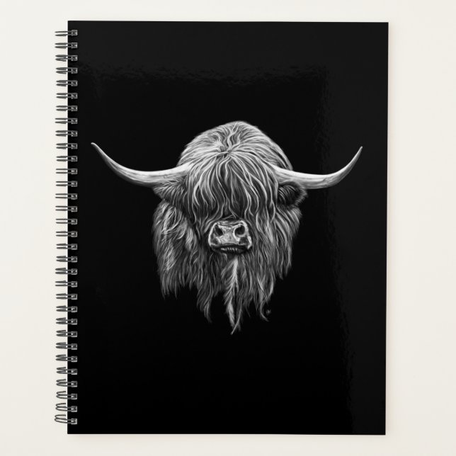 Scottish Highland Cow In Black And White Planner (Front)