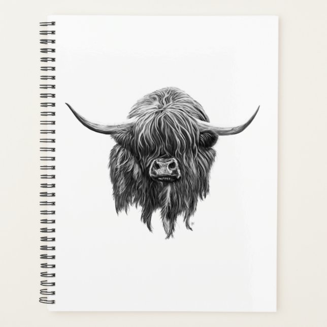 Scottish Highland Cow In Black And White Planner (Front)