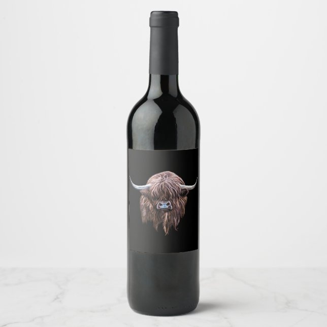 Scottish Highland Cow In Colour Wine Label (Front)
