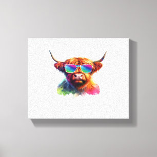 Scottish Highland Cow in Sunglasses Colorful Water Canvas Print