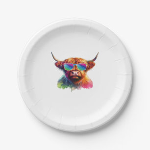 Scottish Highland Cow in Sunglasses Colorful Water Paper Plate