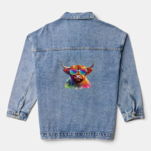 Scottish Highland Cow in Sunglasses Colourful Wate Denim Jacket