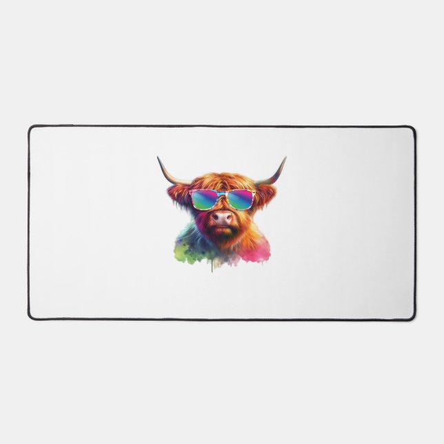 Scottish Highland Cow in Sunglasses Colourful Wate Desk Mat (Front)