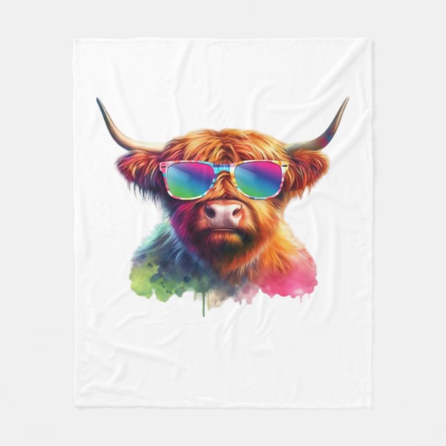 Scottish Highland Cow in Sunglasses Colourful Wate Fleece Blanket (Front)
