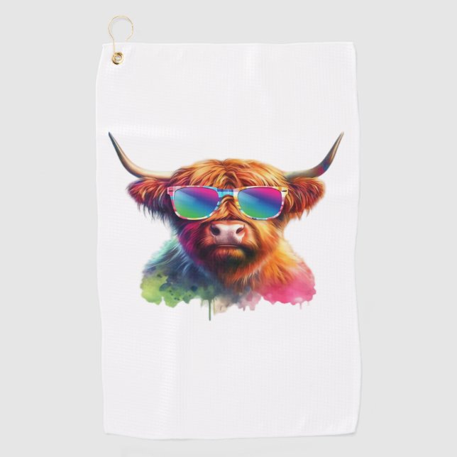 Scottish Highland Cow in Sunglasses Colourful Wate Golf Towel (Front)