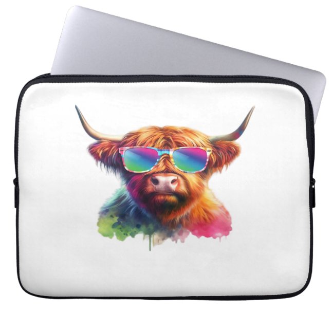 Scottish Highland Cow in Sunglasses Colourful Wate Laptop Sleeve (Front)