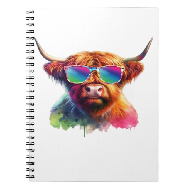 Scottish Highland Cow in Sunglasses Colourful Wate Notebook (Front)