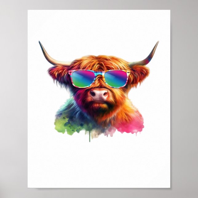 Scottish Highland Cow in Sunglasses Colourful Wate Poster (Front)