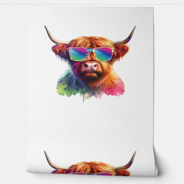 Scottish Highland Cow in Sunglasses Colourful Wate Wallpaper (Unrolling)