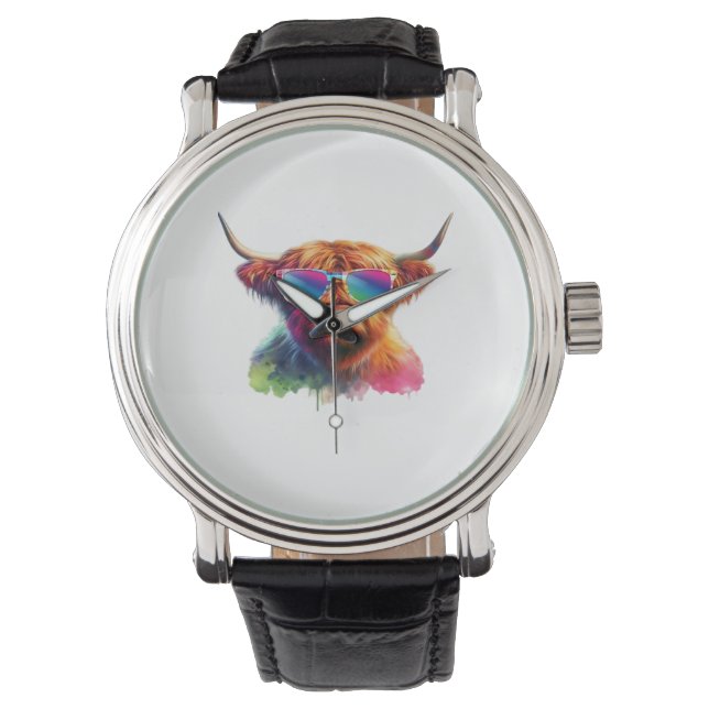 Scottish Highland Cow in Sunglasses Colourful Wate Watch (Front)