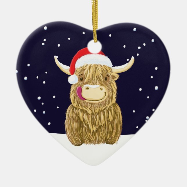 Scottish Highland Cow In The Christmas Snow  Ceramic Tree Decoration (Front)