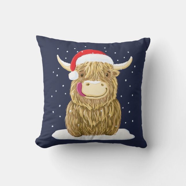 Scottish Highland Cow In The Christmas Snow Cushion (Front)