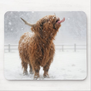 Scottish Highland Cow Licking Snowflakes Mouse Mat