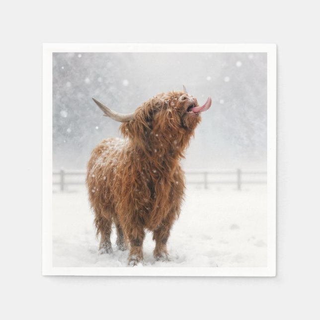 Scottish Highland Cow Licking Snowflakes Napkin (Front)