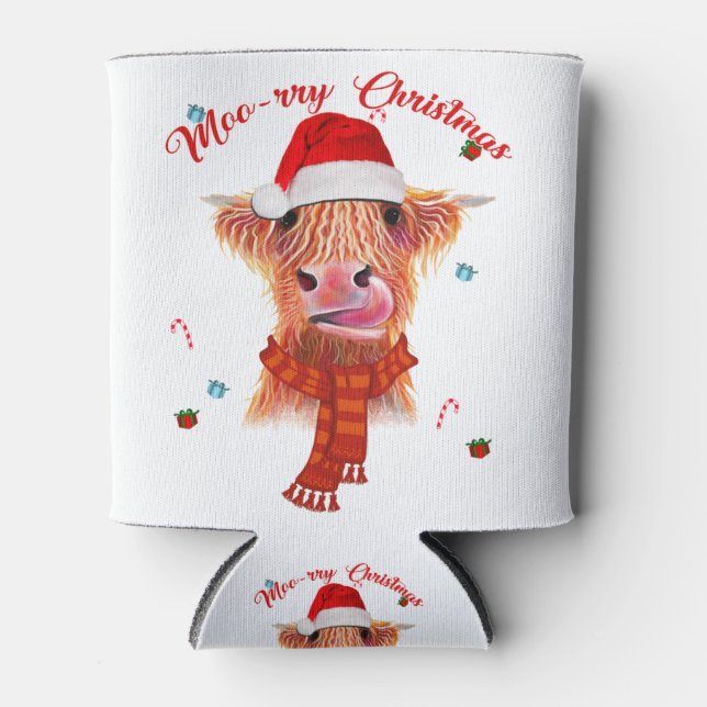 Scottish highland cow merry christmas snow can cooler (Front)
